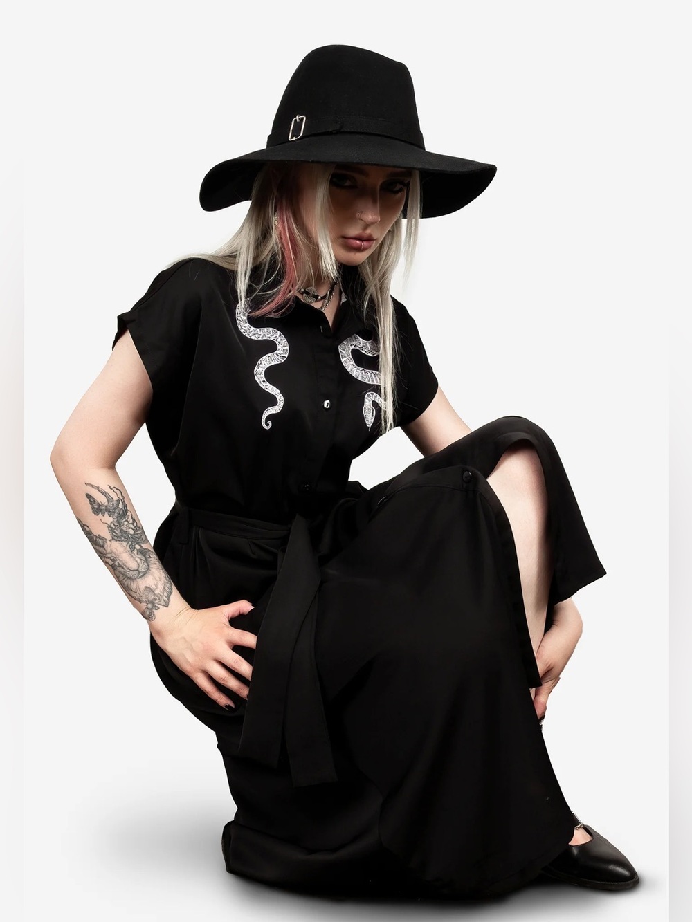 Disturbia Slither Relaxed Midi Shirt Dress with White Snake Embroidery Gothic - Picture 6 of 12
